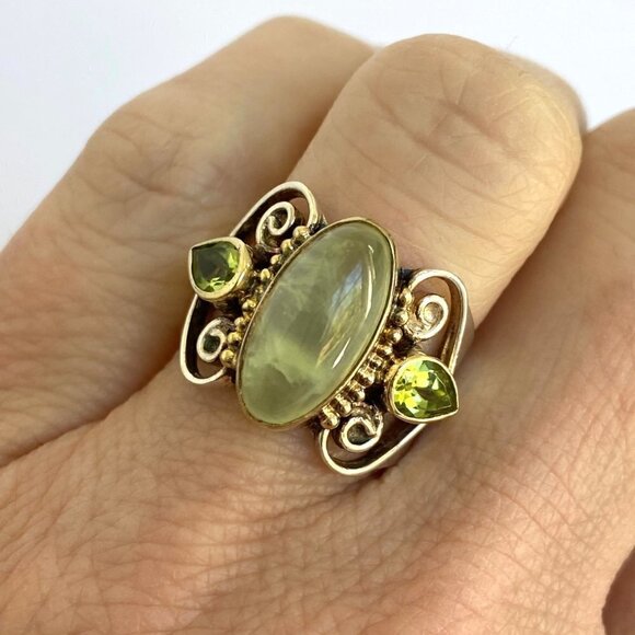 Michou Sterling Silver 925 Vermeil Oval Prehnite Peridot Scrollwork Ring Sz 6.25 - Picture 5 of 16